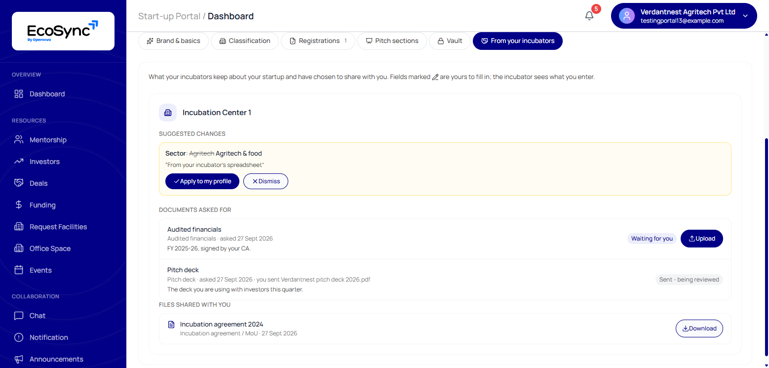The From your incubators tab on a founder's Company Profile, showing a suggested change to the sector, two documents asked for - one waiting, one sent and being reviewed - and a file shared by the incubator